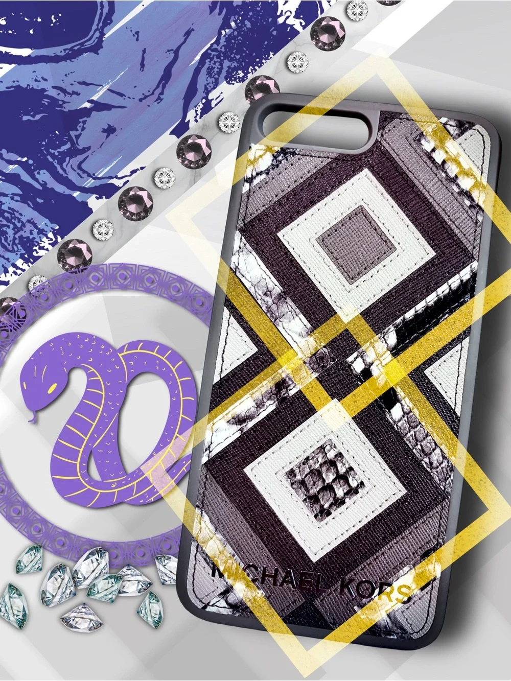 Michael Kors Grey Geometric Snake Skin Pattern Case w/ Original Box iPhone 7+